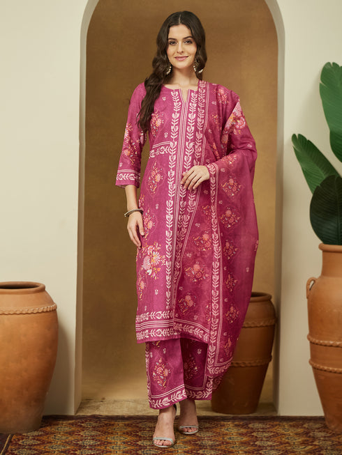 Janasya Women's Pink Cotton Blend Floral Printed Straight Kurta Set